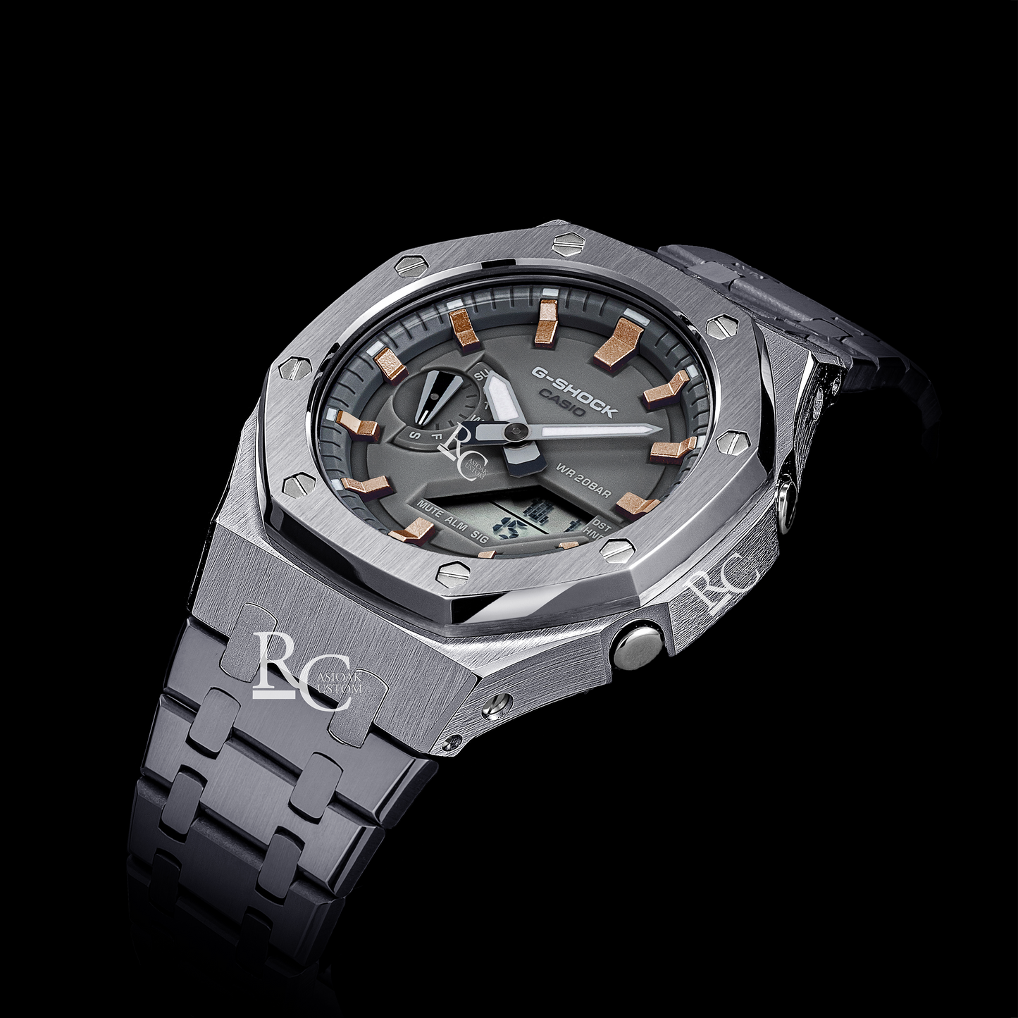 Gshock CasiOak Silver - Grey face (Steel & Rose Gold Time Markers)