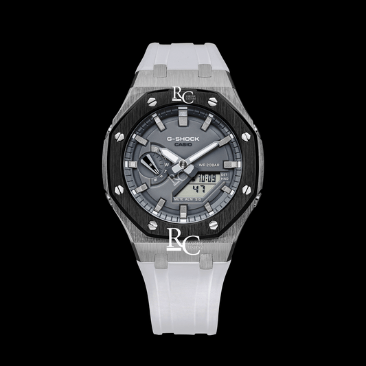 Gshock CasiOak Silver/Black - Grey face (White Resin Straps & Silver Time Markers)