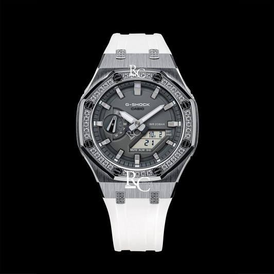 Gshock CasiOak Silver Diamond - Grey face (White Resin Straps & Silver Time Markers)