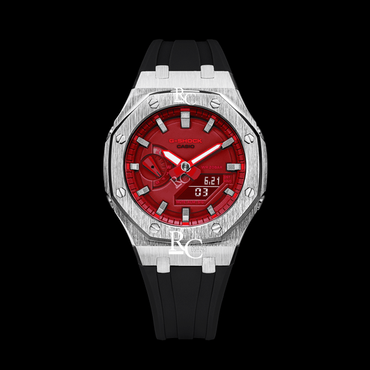 Gshock CasiOak Silver - Red face (Black Resin Straps & Silver Time Markers)