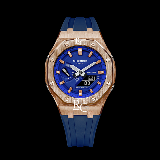 Gshock CasiOak Rose Gold - Royal Blue face (Blue Resin Straps & Rose Gold Time Markers)