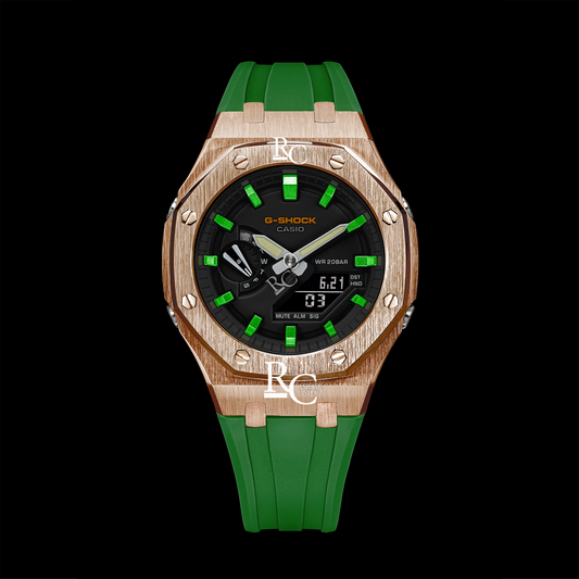 Gshock CasiOak Rose Gold - Black face (Green Resin Straps & Metallic Green Time Markers)