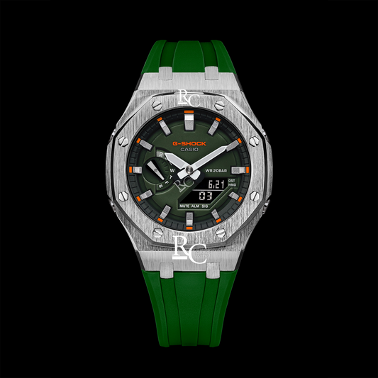 Gshock CasiOak Silver - Green face (Green Resin Straps & Silver Time Markers)