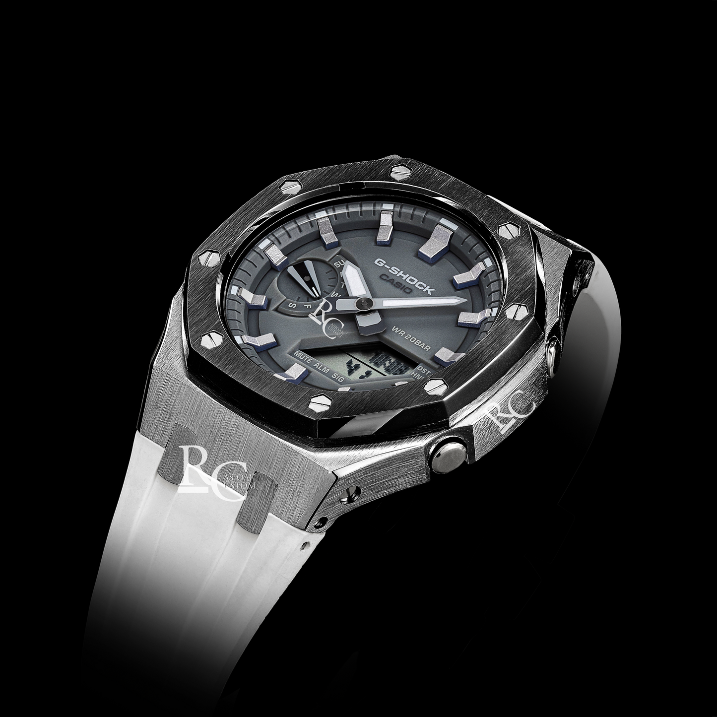 Gshock CasiOak Silver/Black - Grey face (White Resin Straps & Silver Time Markers)