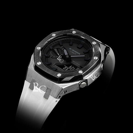 Gshock CasiOak Silver/Black - Black face (White Resin Straps & Black Time Markers)