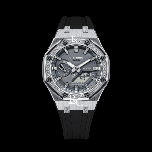 Gshock CasiOak Silver Diamond - Grey face (Black Resin Straps & Silver Time Markers)