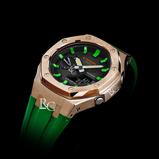 Gshock CasiOak Rose Gold - Black face (Green Resin Straps & Metallic Green Time Markers)