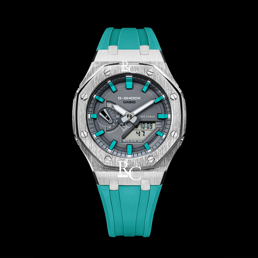 Gshock CasiOak Silver - Grey face (Tiffany Blue Resin Straps & Time Markers)