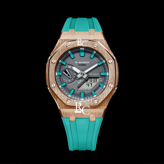 Gshock CasiOak Rose Gold - Grey face (Tiffany Blue Straps & Time Markers)