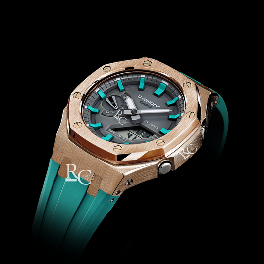 Gshock CasiOak Rose Gold - Grey face (Tiffany Blue Straps & Time Markers)