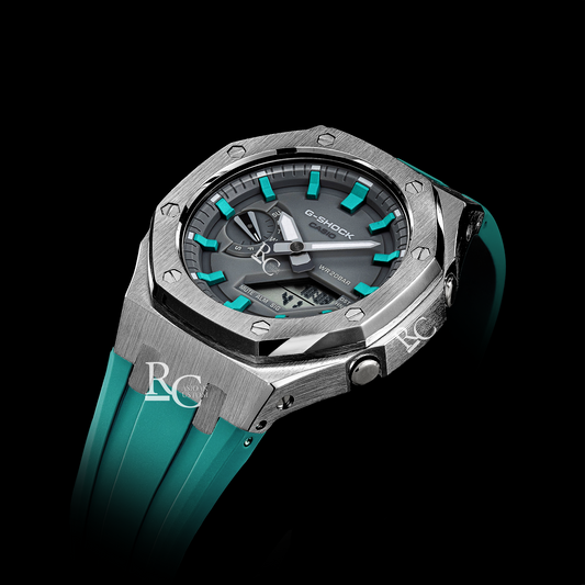 Gshock CasiOak Silver - Grey face (Tiffany Blue Resin Straps & Time Markers)