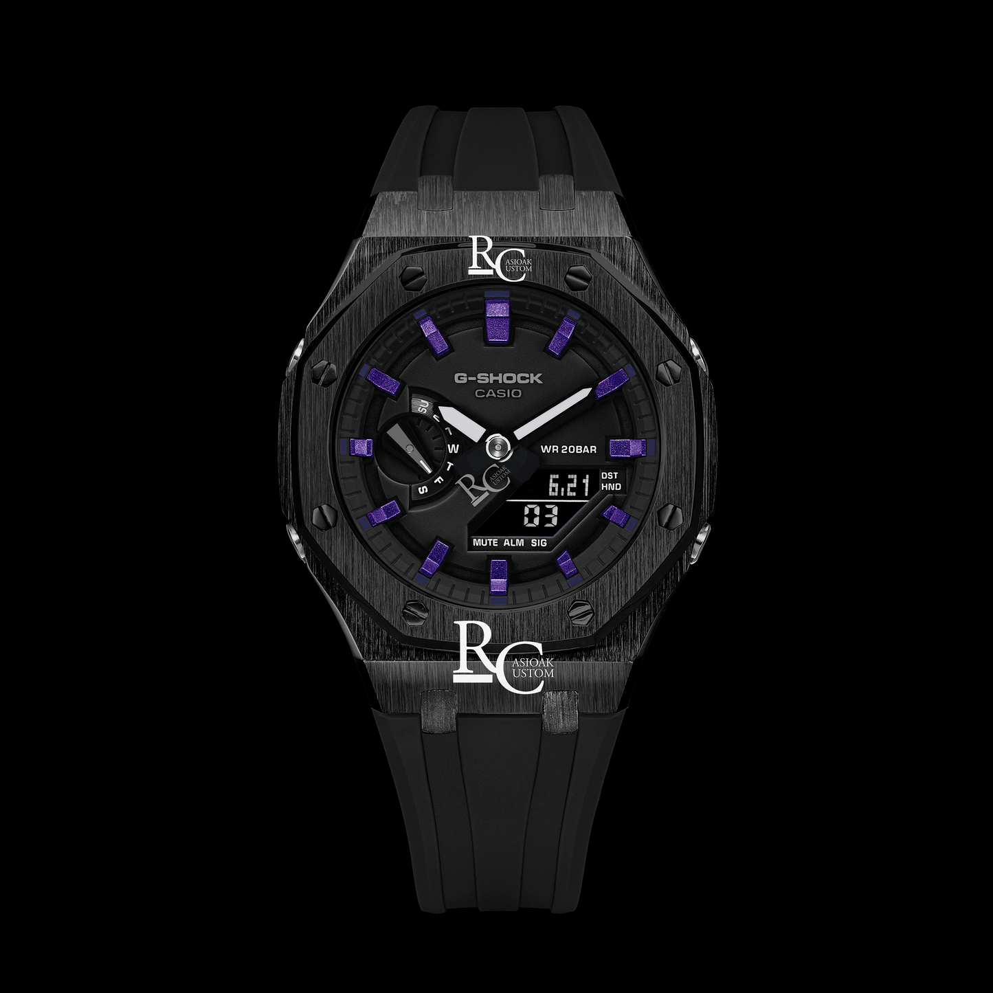 Gshock CasiOak Black - Black face (Black Resin Straps & Purple Time Markers)