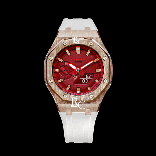 Gshock CasiOak Rose Gold - Red face (White Resin Straps & Rose Gold Time Markers)