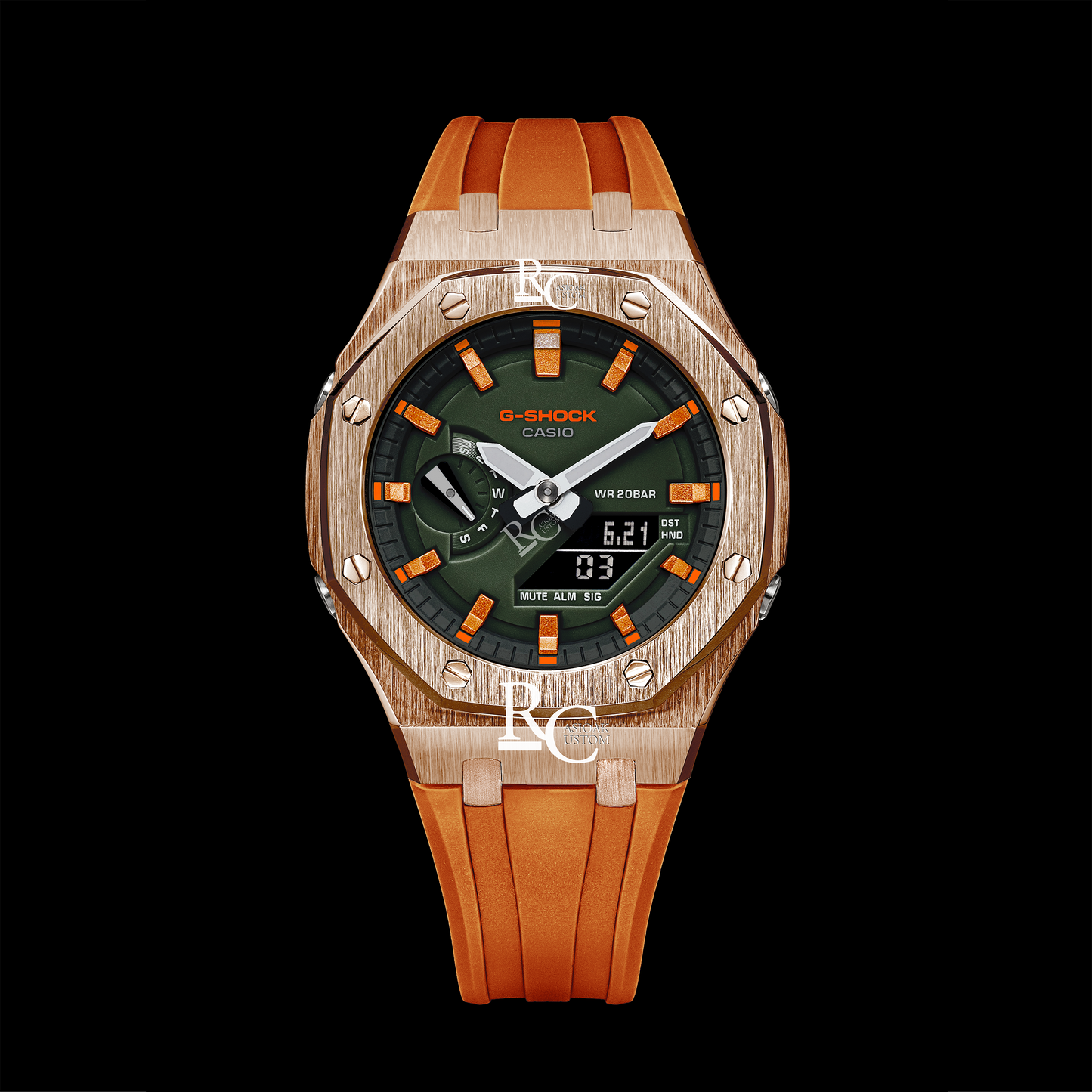 Gshock CasiOak Rose Gold - Green face (Orange Resin Straps & Metallic Orange Time Markers)