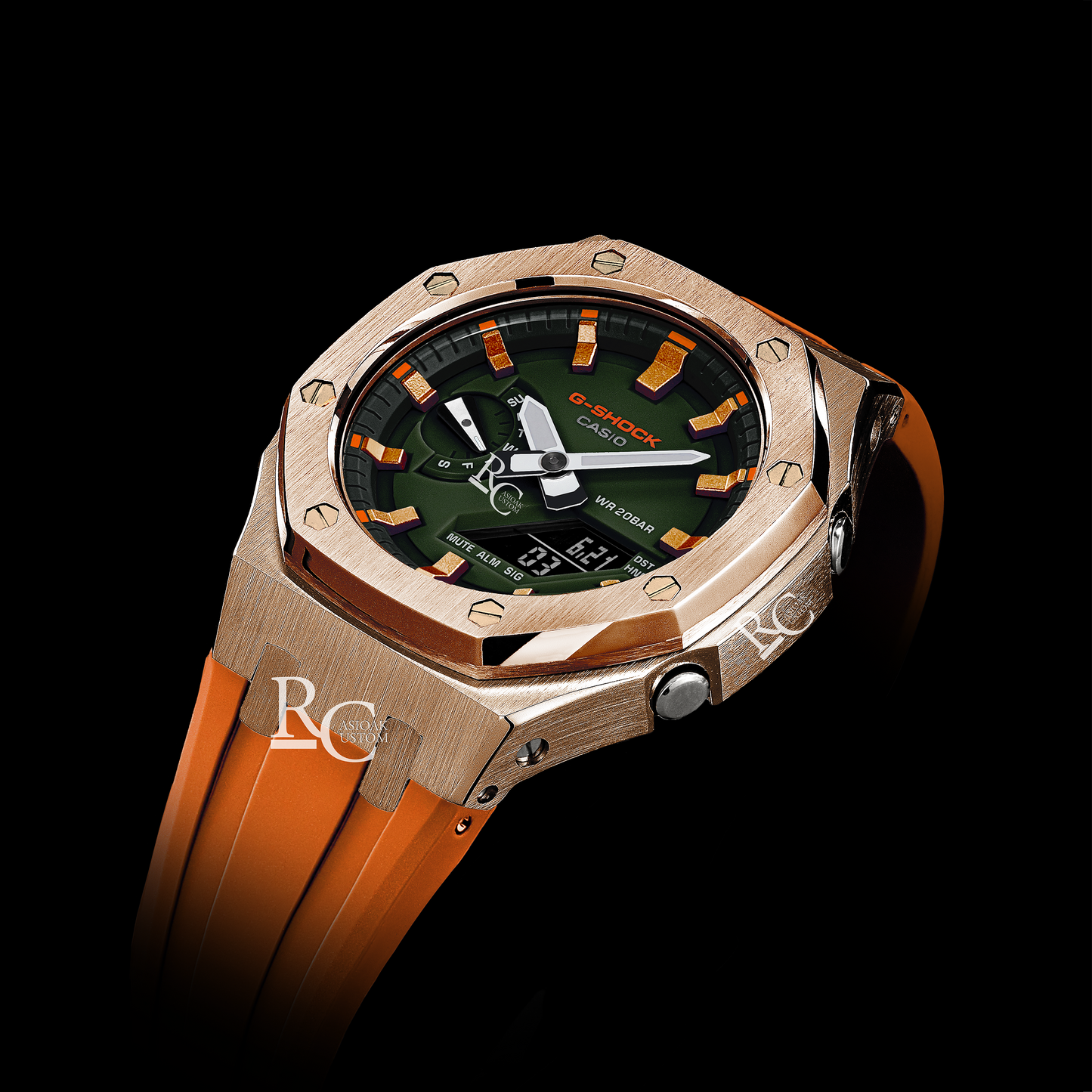 Gshock CasiOak Rose Gold - Green face (Orange Resin Straps & Metallic Orange Time Markers)