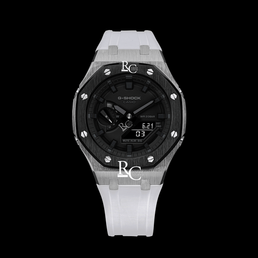 Gshock CasiOak Silver/Black - Black face (White Resin Straps & Black Time Markers)