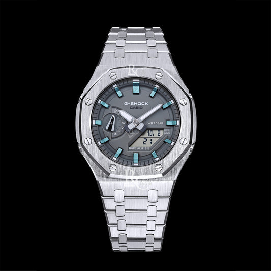 Gshock CasiOak Silver - Grey face (Steel & Ice Blue Time Markers)