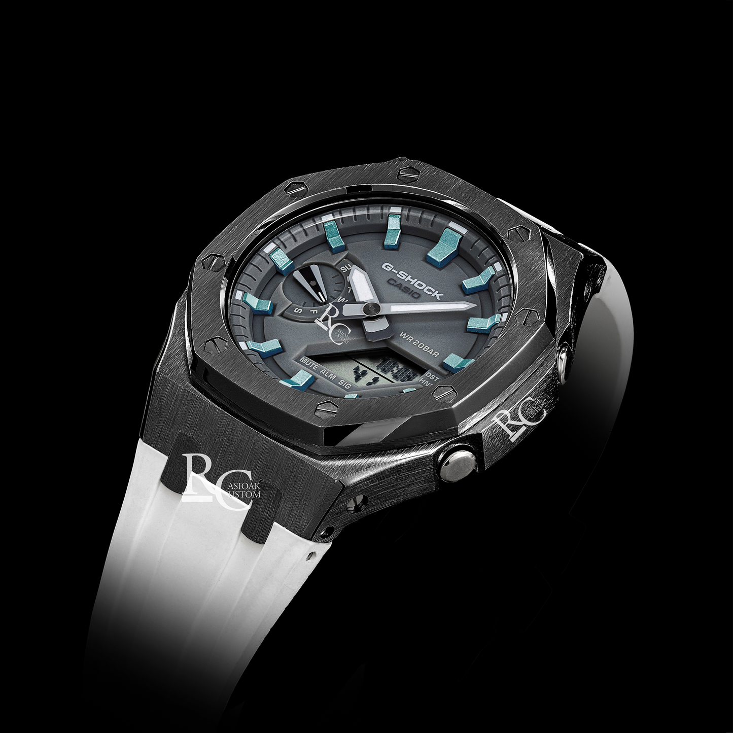 Gshock CasiOak Gunmetal - Grey face (White Resin Straps & Ice Blue Time Markers)