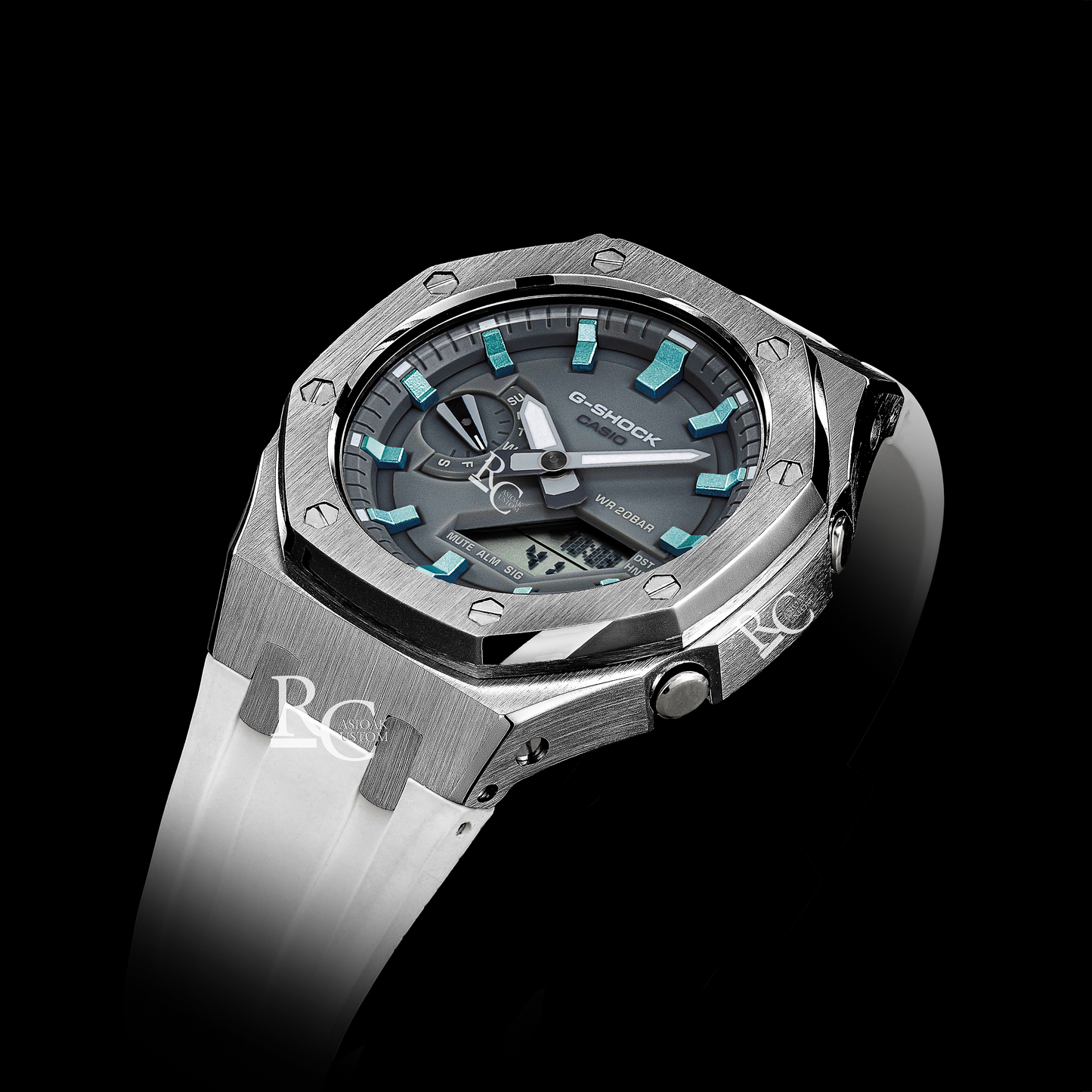 Gshock CasiOak Silver - Grey face (White Resin Straps & Ice Blue Time Markers)