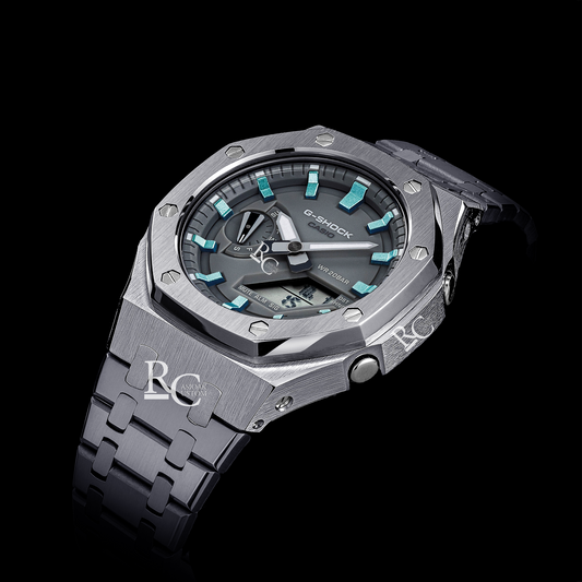 Gshock CasiOak Silver - Grey face (Steel & Ice Blue Time Markers)