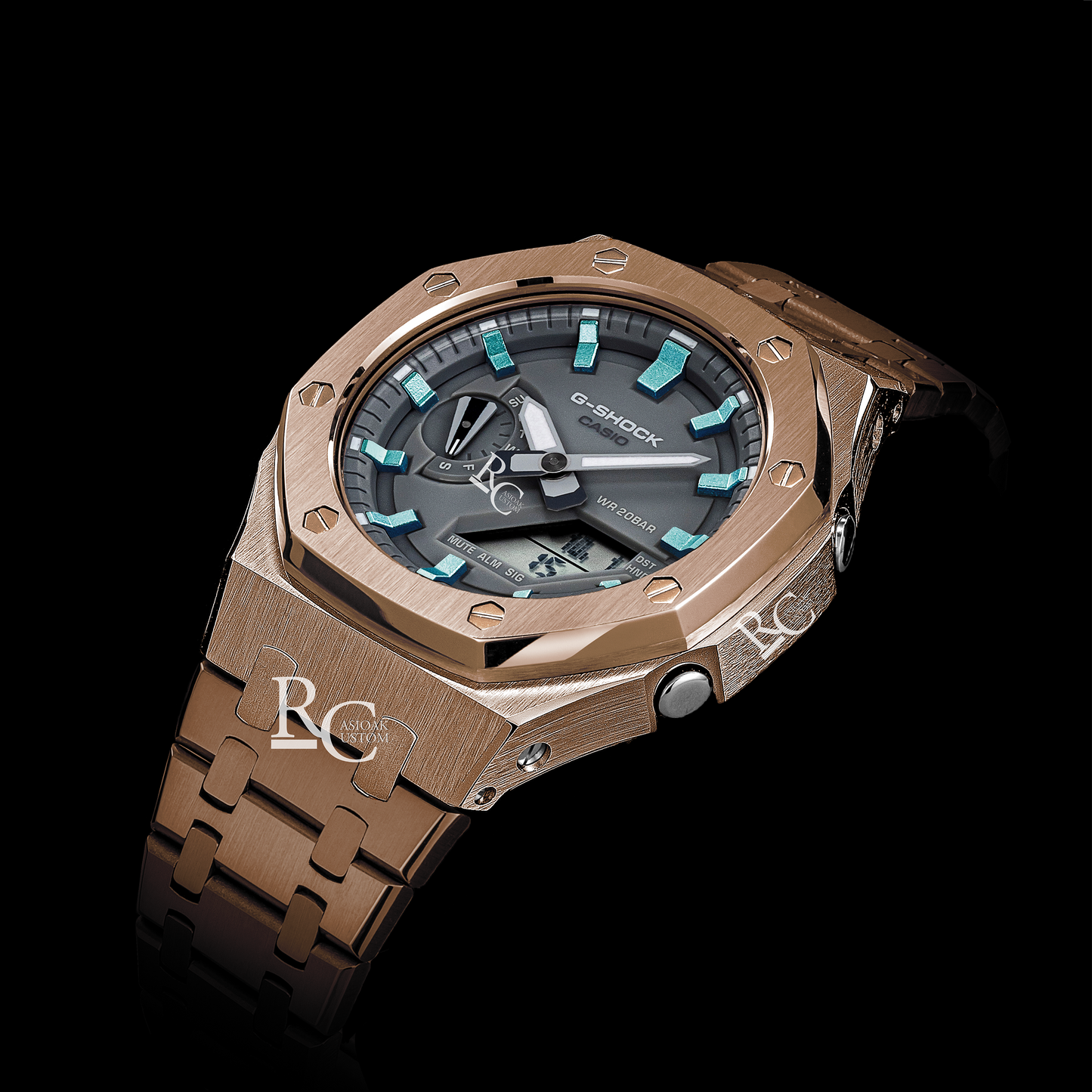 Gshock CasiOak Rose Gold - Grey face (Steel & Ice Blue Time Markers)