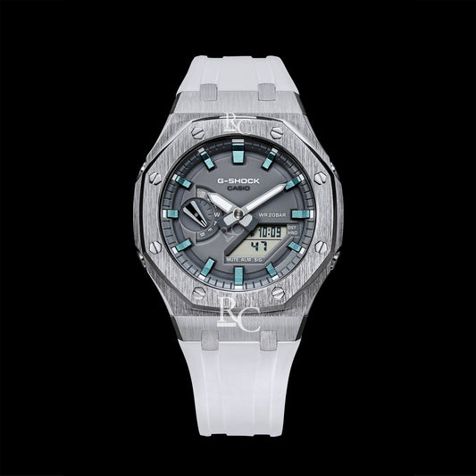 Gshock CasiOak Silver - Grey face (White Resin Straps & Ice Blue Time Markers)