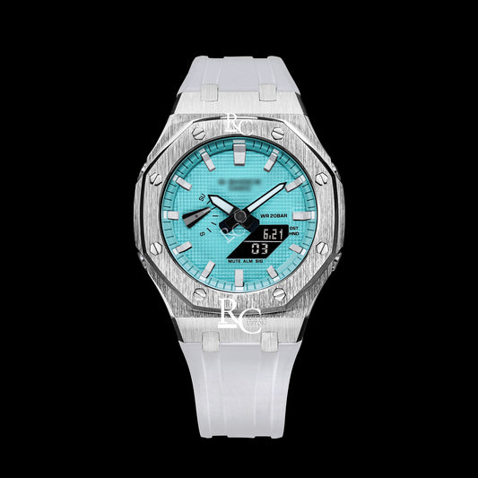 Gshock CasiOak Silver - Tiffany Blue Face & Ring (White Resin Straps & White Time Markers)
