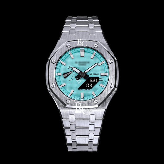 Gshock CasiOak Silver - Tiffany face & Ring (Steel & White Time Markers)