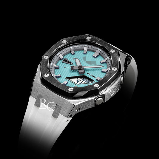 Gshock CasiOak Silver/Black - Tiffany face (White Resin Straps & Silver Time Markers)