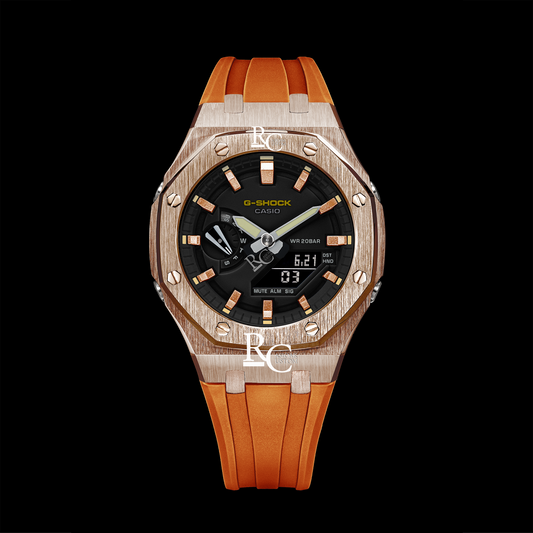 Gshock CasiOak Rose Gold - Black face (Orange Resin Straps & Rose Gold Time Markers)